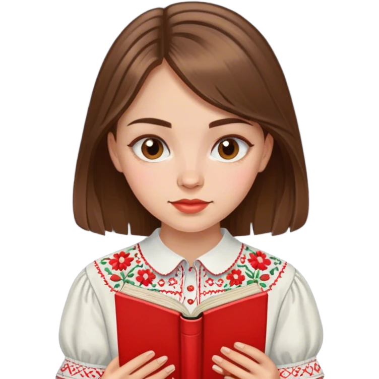 A Ukrainian girl with brown hair in an embroidered shirt reads a red book emoji