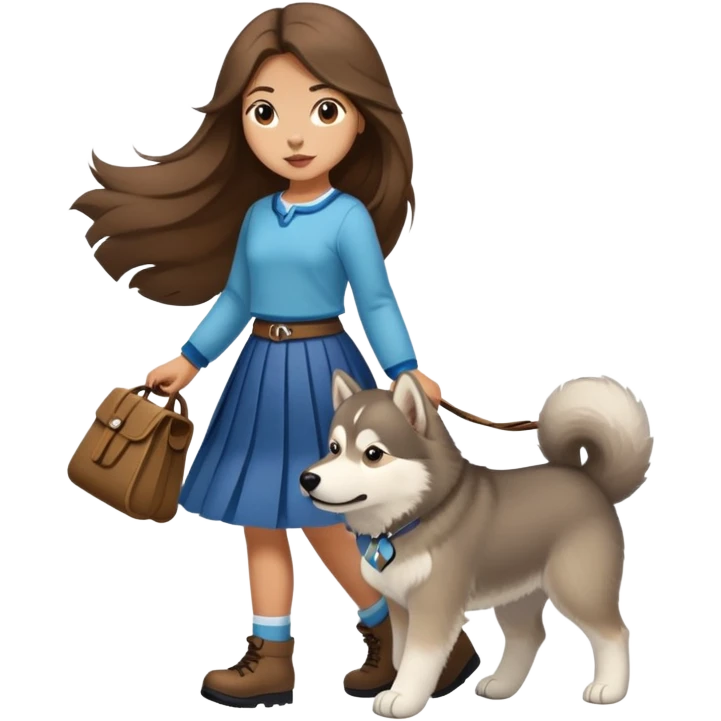 A girl with long brown hair and a skirt walking an Alaskan emoji