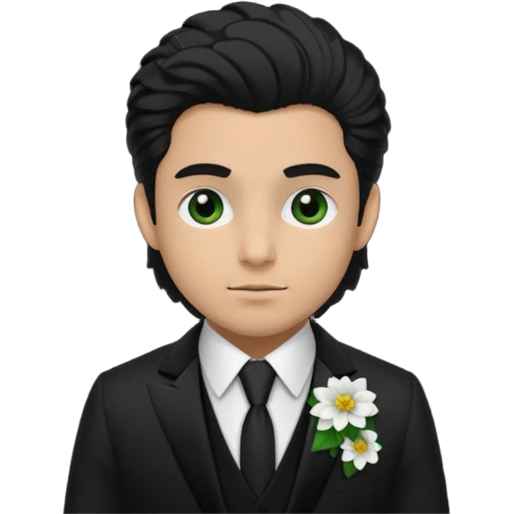 Chico blanco, pelo rubio oscuro, ojos verdes, traje boda oscuro y flor solapa emoji