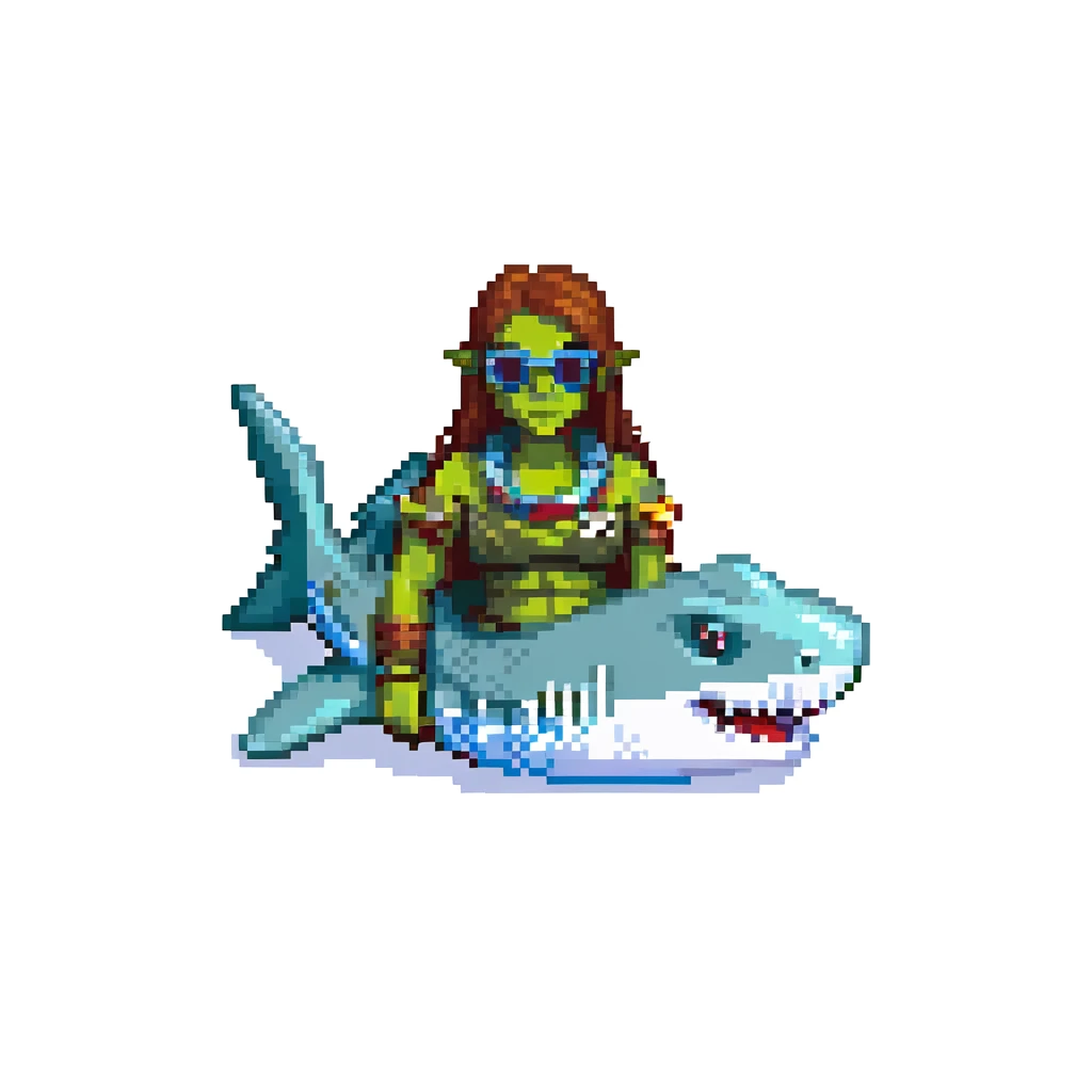 orc female sitting in an inflatable floatie shaped like a shark, wearing oversized sunglasses and a whistle on a neck cord, pixel art style emoji