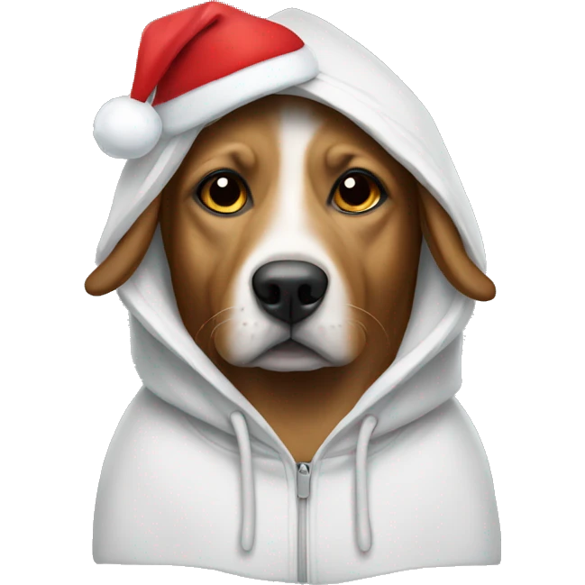 Dog wearing a hoodie with a Christmas hat emoji