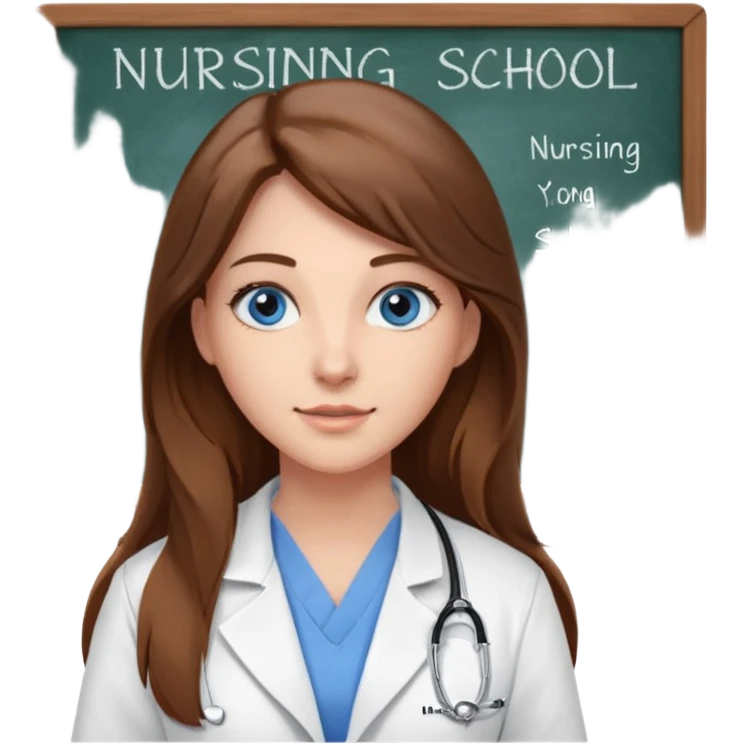 inside a classroom at university that says nursing school on the board with a pretty female nursing student with long brown hair, blue eyes emoji