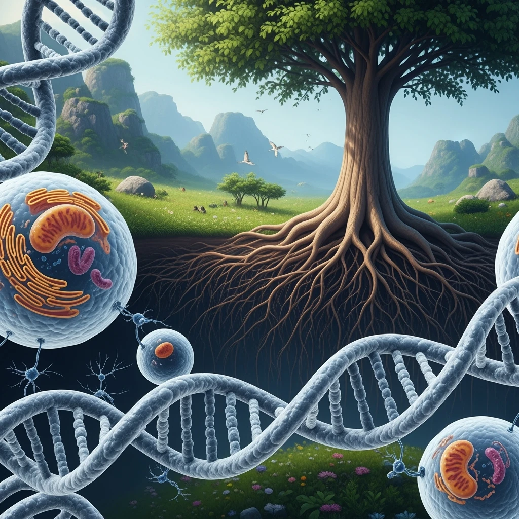 A realistic biological landscape showing: DNA strands transitioning into a tree, cells with visible organelles, neurons connected to plant roots  and a balanced ecosystem background . Seamless integration, no labels or borders. Scientific color scheme, detailed but minimalist. emoji