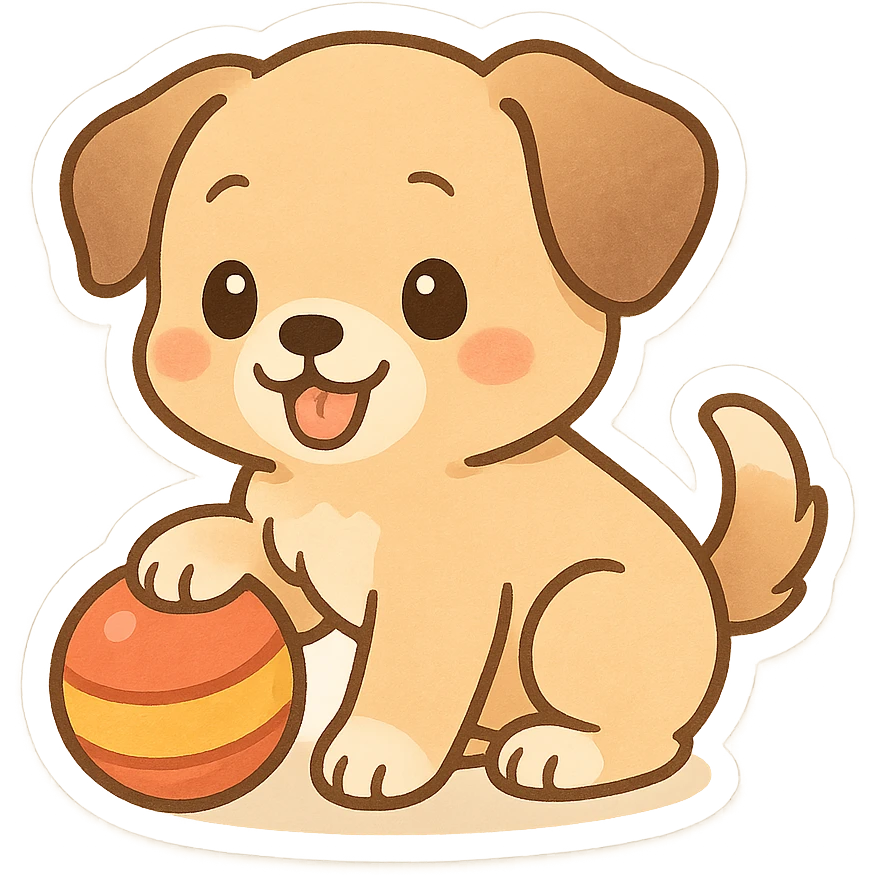 playful puppy with a ball, chibi sticker style emoji