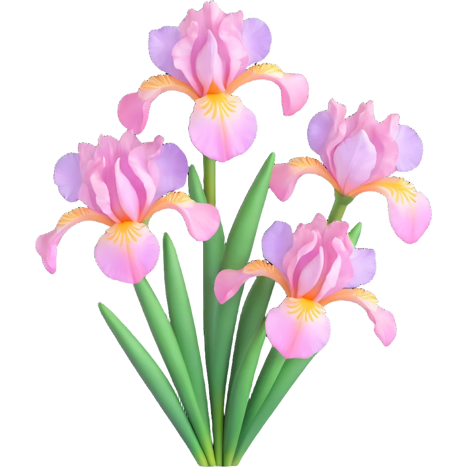 a pair of elegant iris flowers with soft pink petals and green stems, glossy finish, realistic textures, modern and clean look, soft lighting, iOS 3D emoji style emoji