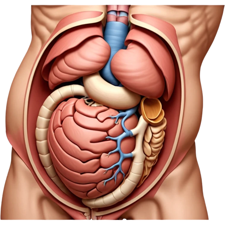 A highly detailed 3D accurate and anatomical model of the belly of a human. Medical illustration style, realistic lighting, neutral background, hyper-detailed, scientific accuracy, 8K resolution. ANATOMICAL ACCURACY and ORGAN PLACEMENT are a PRIORITY  emoji