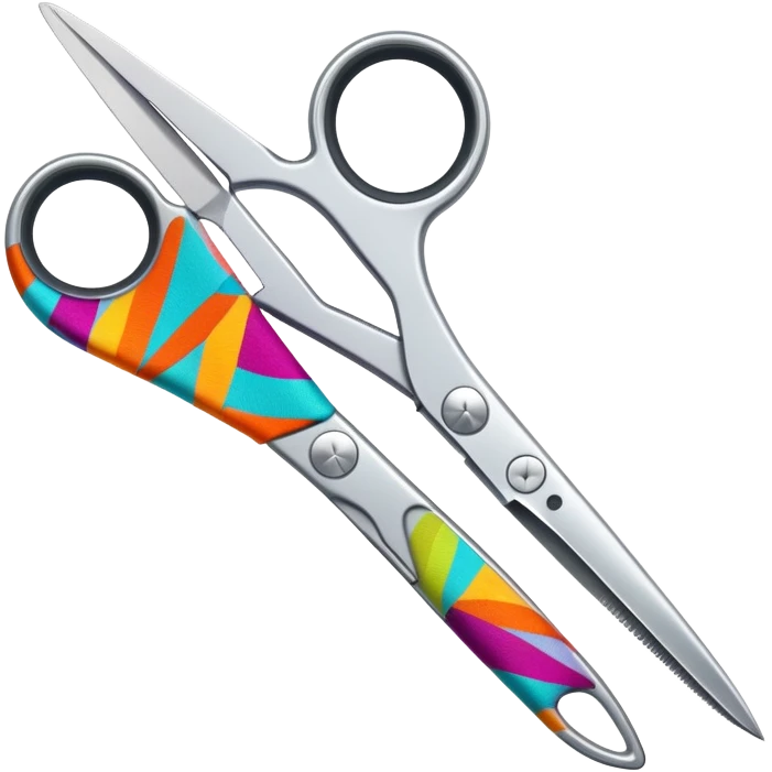 silver scissors cutting colorful fabric emoji