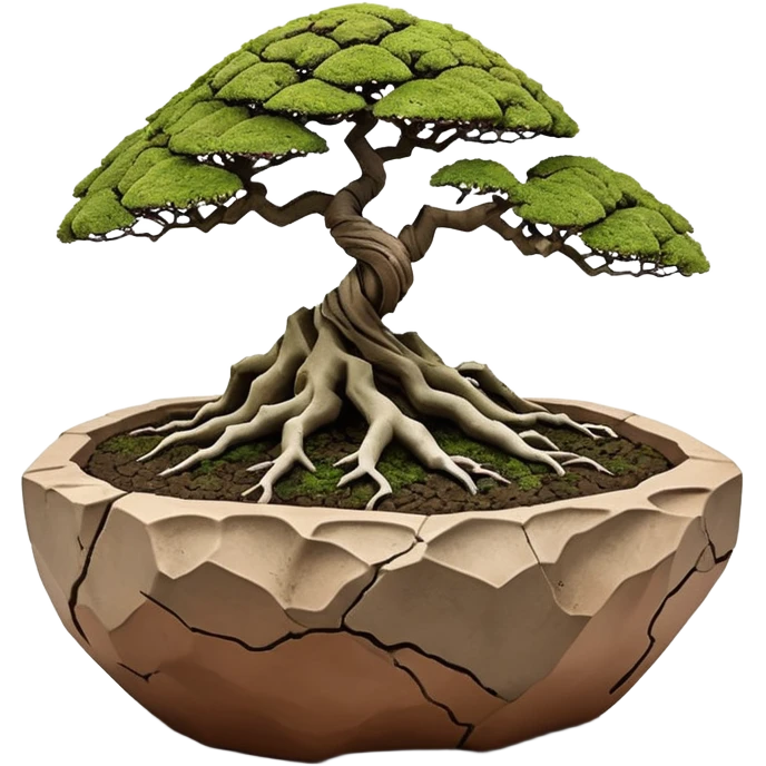 Roots Stoneware akadama moss on soil irregular angular Stone Age rocks cracked crags and broken rough edges forming a very shallow Yixing bonsai pot sans(without) tree  emoji