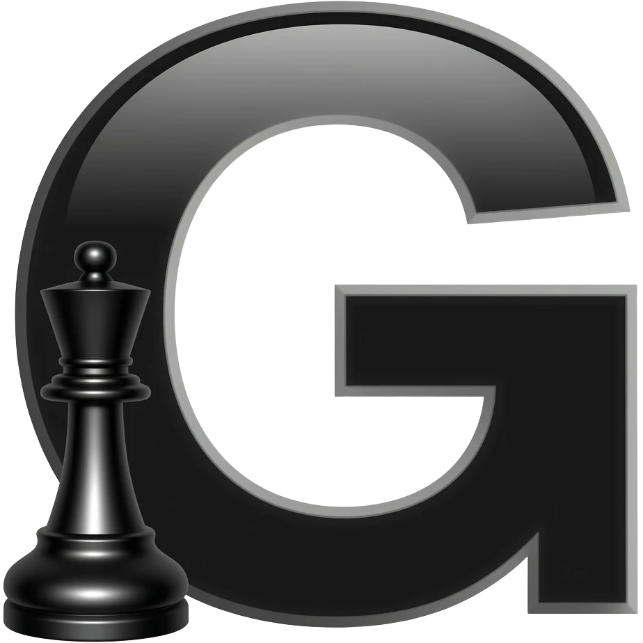 GIF 128x128 Discord, fundo transparente. ♟️ pequeno à esquerda de “G” maior. Preto e branco, minimalista, alto contraste. Centralizado. Animação leve de piscar (fade), efeito respirando, ambos próximos, peça preta emoji