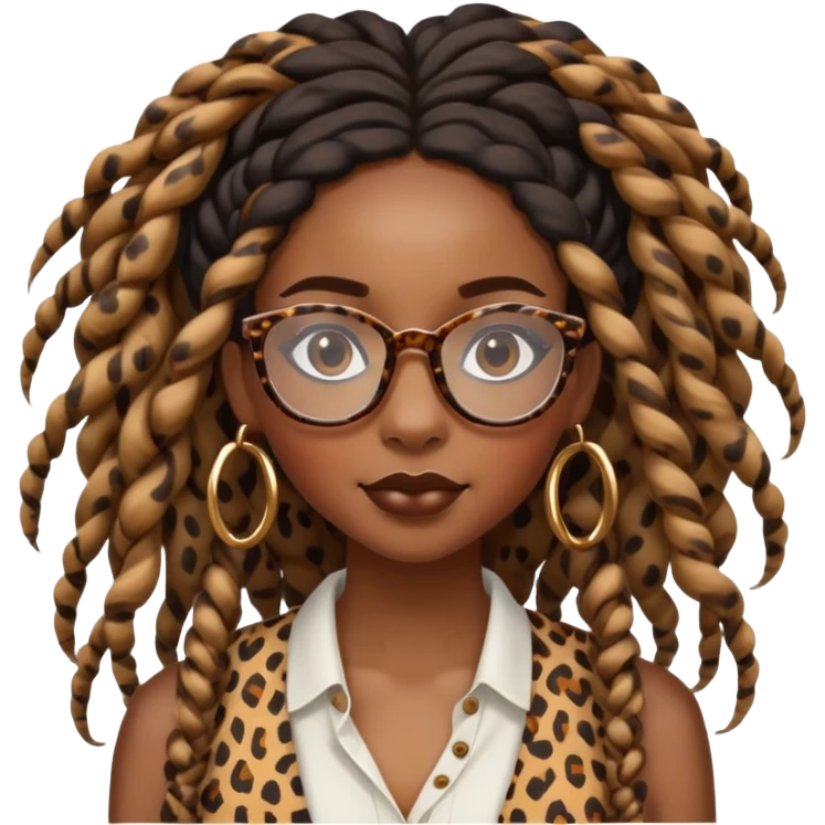 black girl with long boho twists that wears big cheetah print glasses emoji
