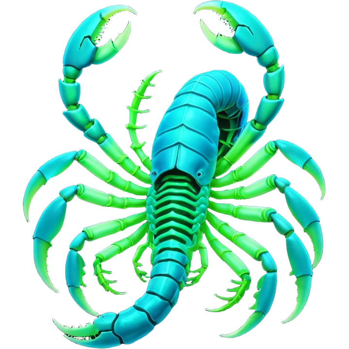 3D render of Radioactive Scorpion, bioluminescent deep sea style, glowing neon blue and green lights, dark background to contrast the glow, translucent organic textures. emoji