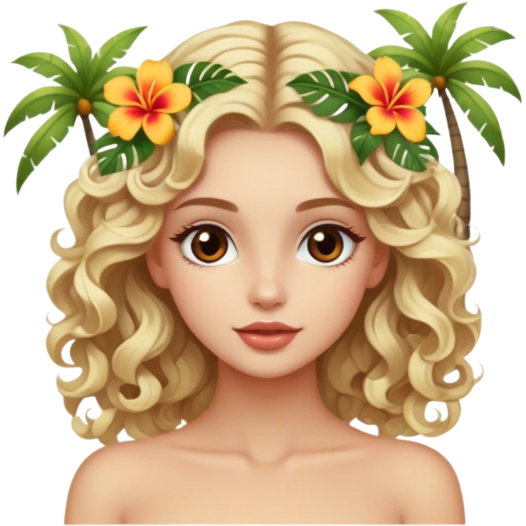 Luxury blonde model, brown eyes, soft curls, island vacation, tropical hair flowers emoji