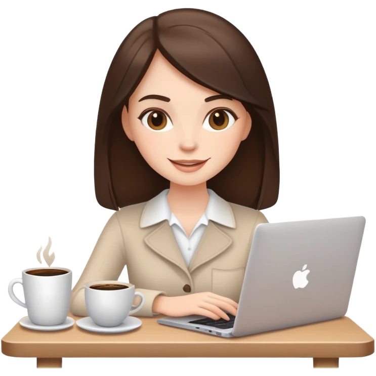white brunette girl with laptop and coffee cheerful expression emoji