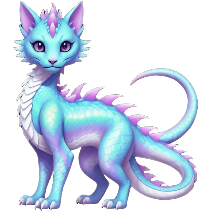 Kawaii black pastel iridescent beautiful pretty elegant divine edgy fantasy feline-vernid-sergal-Haku-dragon-fursona animal creature, full body with intricate markings  emoji