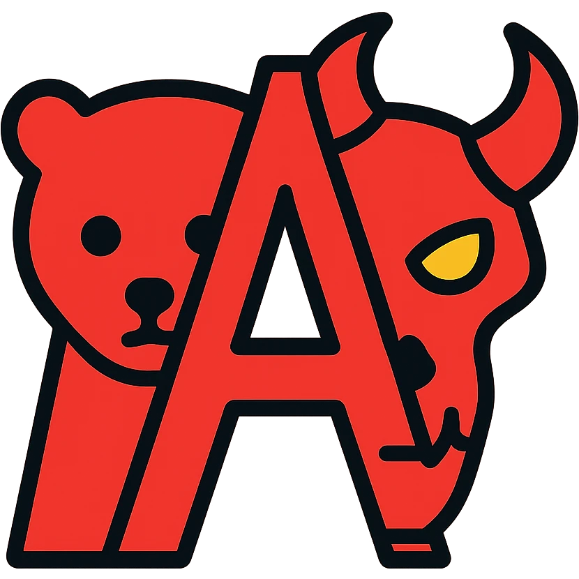 a minimalist design with the left half showing simplified stoat face outlines and right half showing simplified minotaur skull with broken horn and glowing eye, with a clear negative space in the shape of the letter A in the middle where the halves meet, everything visible is red, with ample empty space emoji
