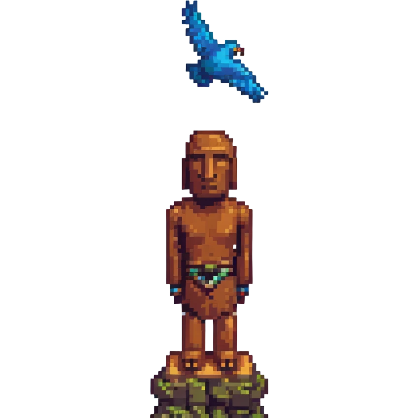A bird flying over a moai statue. emoji