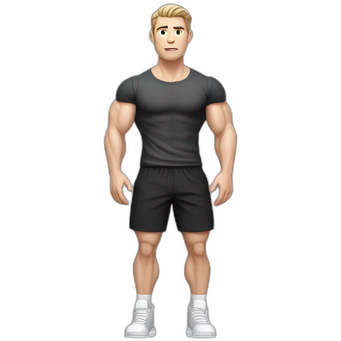 Confused Pale skinned Fit Man With the biceps and dark brown hair in black shirt, gray sports shorts and white Sneakers emoji