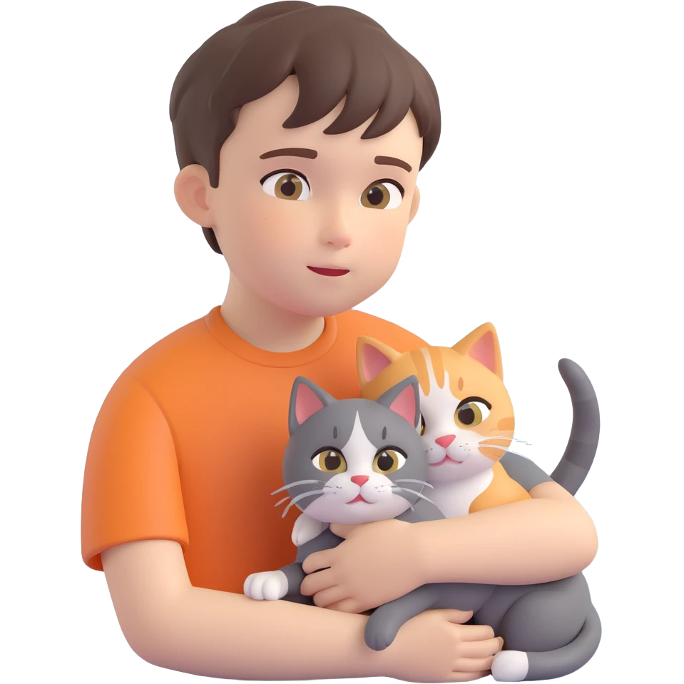 boy and cat pet in forrest background, close up pose emoji