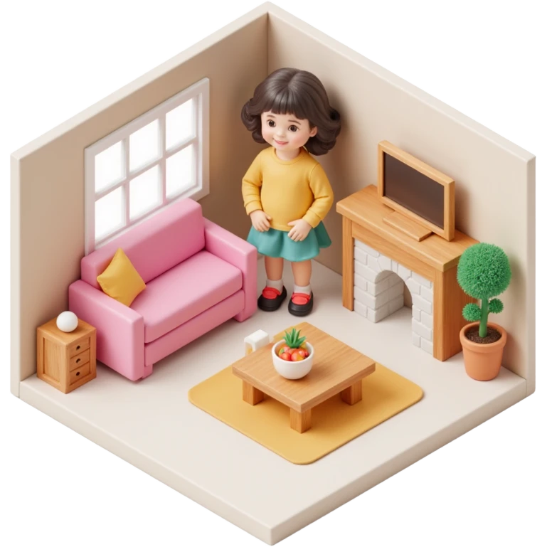 smiling girl arranging furniture in doll house emoji