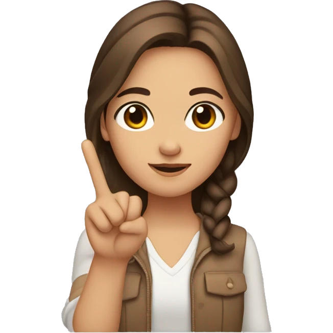 Girl with brown hair and brown eyes doing a peace sign with the right hand emoji