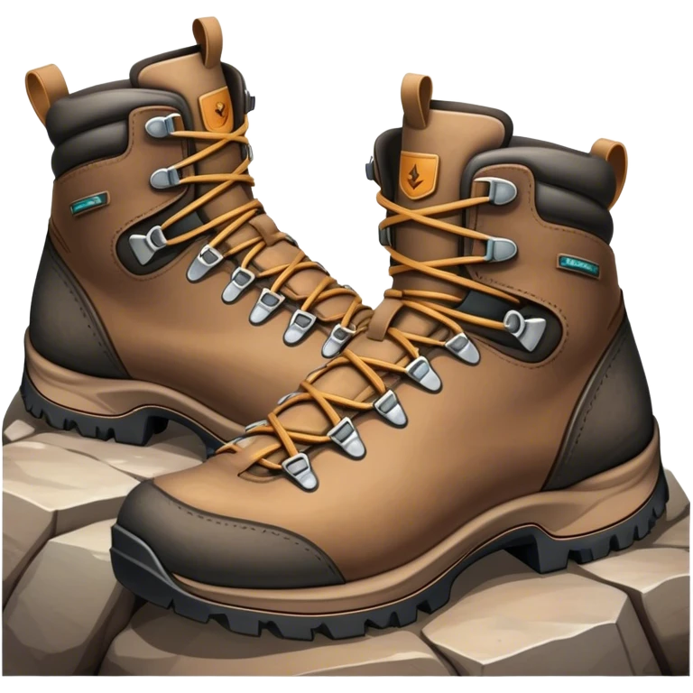 Cinematic Realistic Hiking Boots, well-worn leather boots resting on a rocky trail, scuffed edges and dirt-speckled laces adding character, glowing softly under the dappled sunlight filtering through the trees. emoji