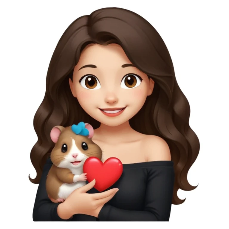 clean modern emoji of a young woman with medium skin, long wavy dark brown hair, black off-shoulder top, soft friendly smile, expressive warm eyes, pet hamster perched on her shoulder winking and holding a tiny red heart, cheerful charming confident style, subtle gradient background emoji