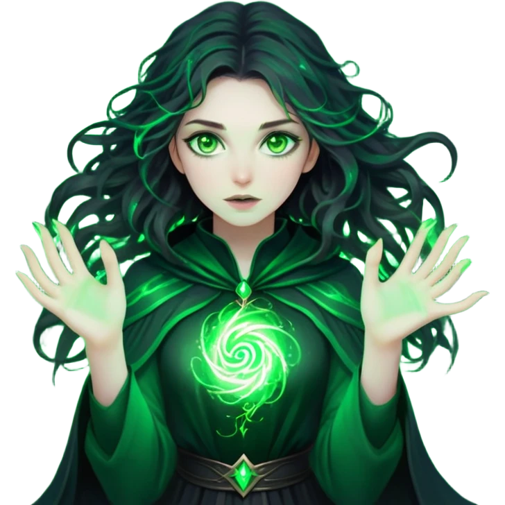 a young woman with pale skin, dark messy hair, glowing green eyes, and wearing a dark, mystical outfit. She’s surrounded by swirling magical energy, with sparks of green magic around her hands.” emoji