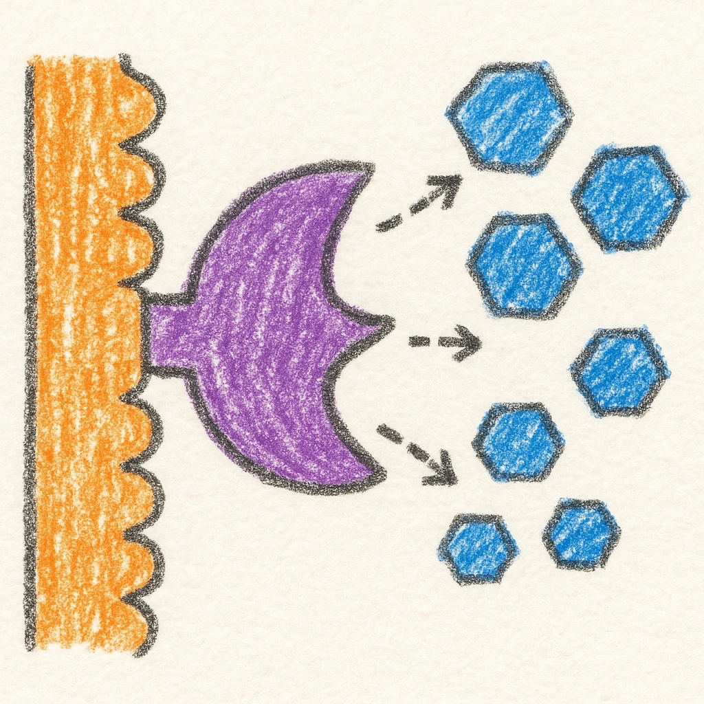 Ultra-detailed illustration of enzyme digestion: amylase breaking starch into sugars near a cell membrane. Clean white background, no text. Scientific but simple emoji