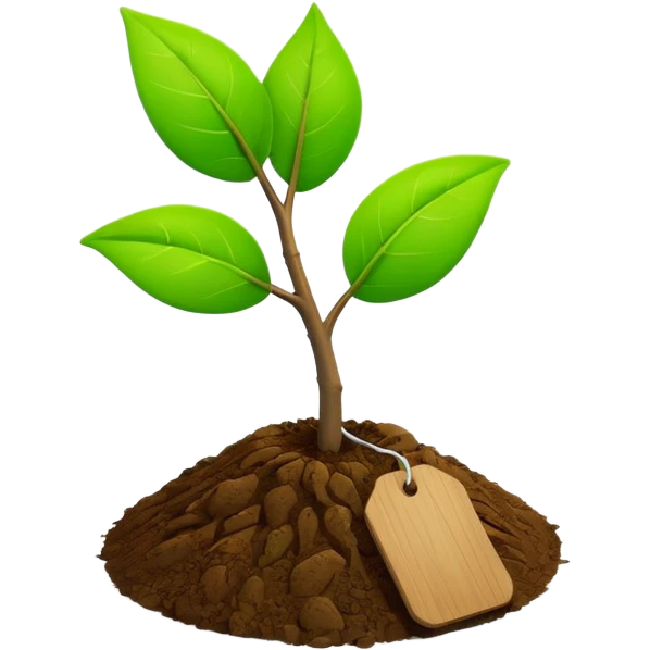 bright green sapling with wooden tag on soft soil, apple 3d emoji style emoji