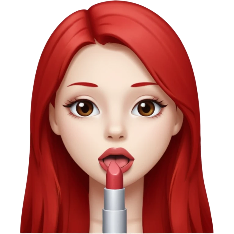 una chica de 18 años sacando la lengua con los labios con pintalabios nude y los ojos maquillados, de piel blanca con el pelo liso, largo y pelirrojo, ojos marrones emoji