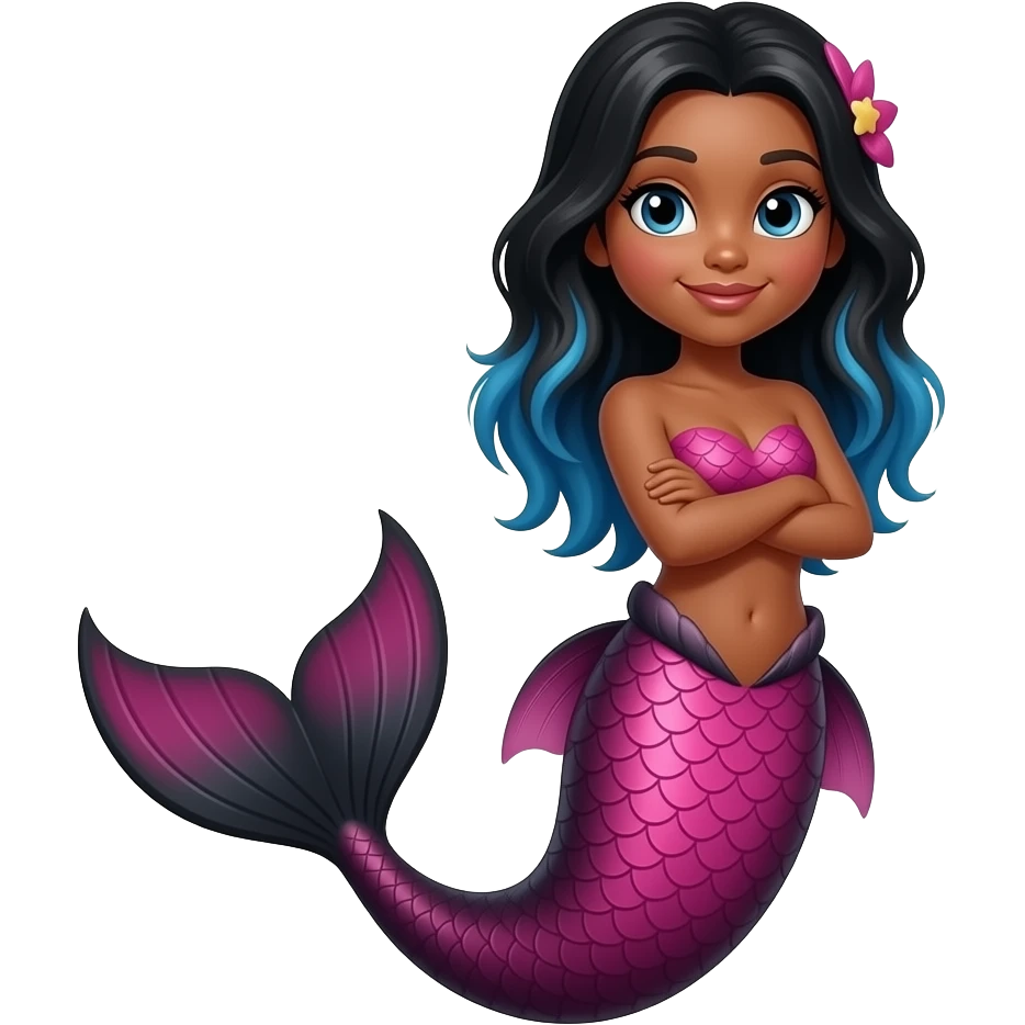 Seja sereia com cauda preta e rosa e cabelo preto e umas mexas azuis na parede das pontas , que seja parda e esteja com os braços cruzados emoji