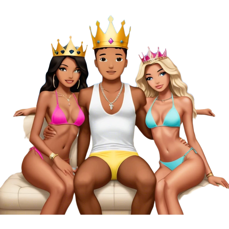 Josh King Madrid Wearing a crown, surrounded by 3 gorgeous Instagram bikini Victoria secrets models who are hugging him flirting , Jetset wearing tons of diamond chains , sitting in private jet , windows open in background with clouds  emoji