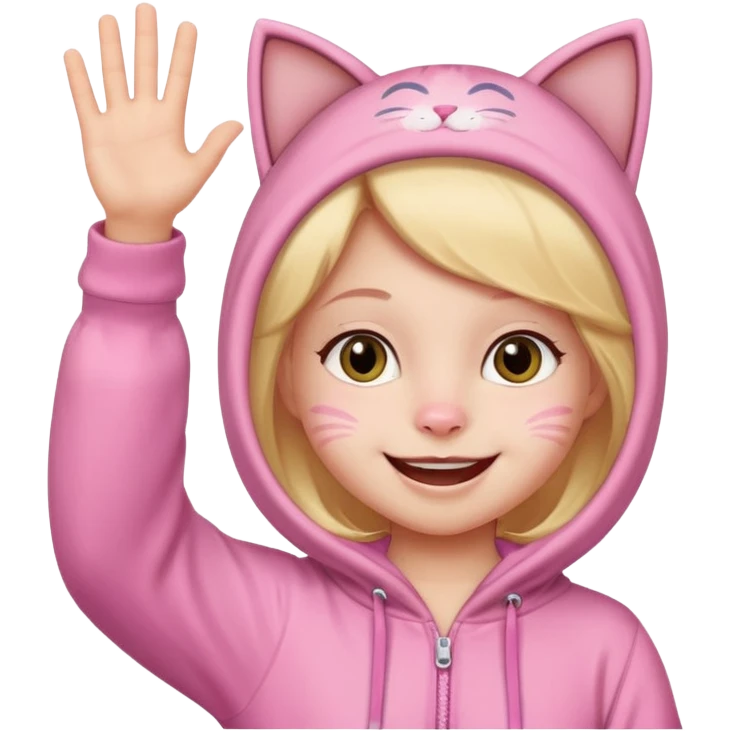 little Girl kid in pink cat onesie waving happily emoji