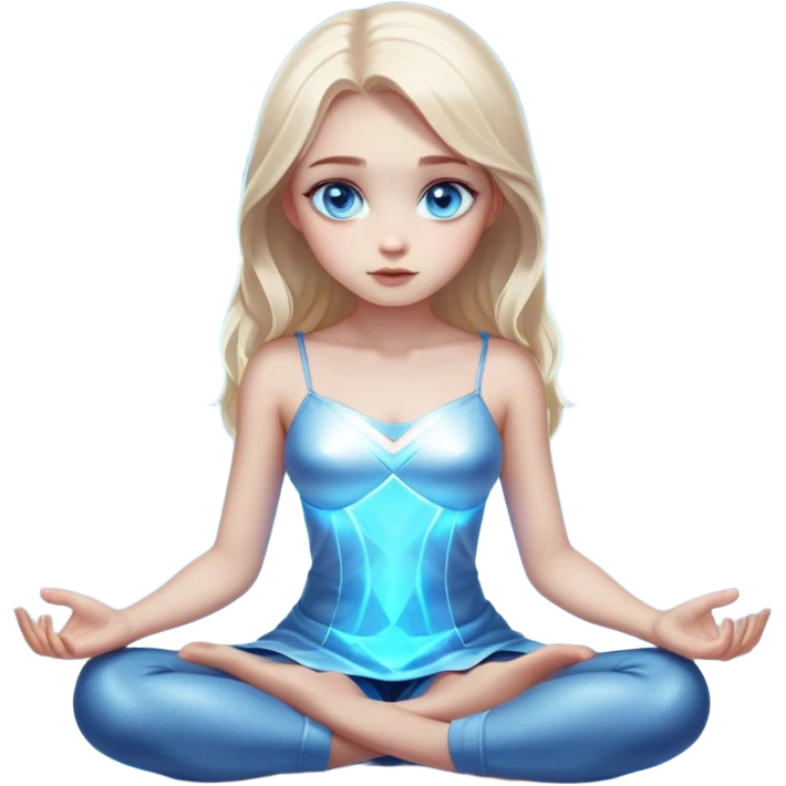 Cinematic girl with large sparkling blue eyes sitting cross legged, Ultra realistic 32k HD, hauntingly beautiful, Balanced features, highly detailed, glowing, high shine, enchanting, ghostly, dreamy glow, complex pose. The image is so lifelike it could leap off the canvas at any moment emoji