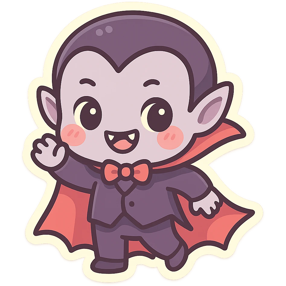 chibi vampire, pastel palette, tiny fangs, cute cape, big eyes, playful expression emoji