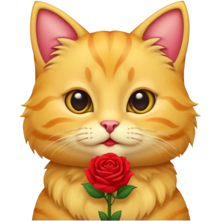 Cute emoji-style yellow tabby cat holding a red rose in its mouth, big round eyes, fluffy fur, clean mascot style, centered, transparent background, 1:1 ratio. emoji