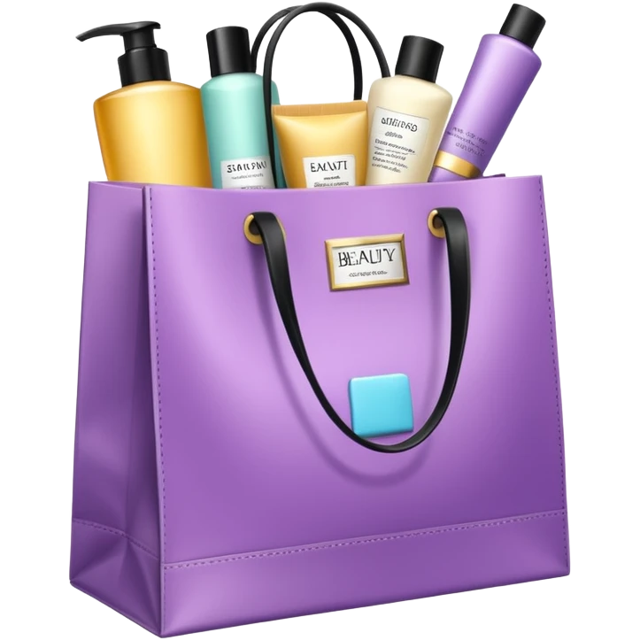 Gift bag with beauty products (shampoo, creams, styling products), a gift bag is beautyful open box full of luxury brand-labeled beauty products emoji