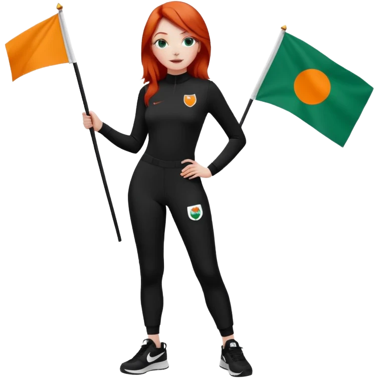 white girl wearing orange cameo trousers and along sleeve high neck black bodysuit with black and white Nike trainers. she has red hair and bluey green eyes and is holding flag with her logo on  emoji