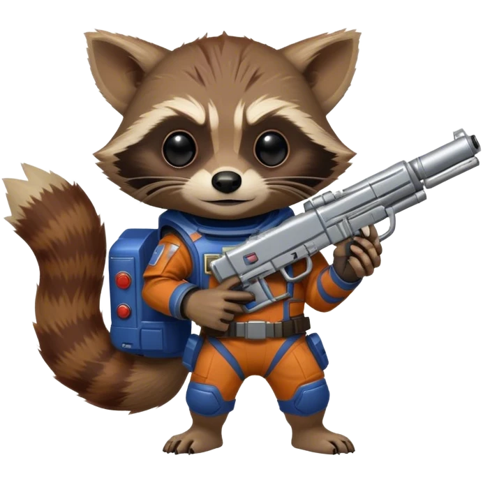Generate a rocket raccoon from the Guardians of the Galaxy movies, he has a gun in his hands and a groot on his shoulder emoji