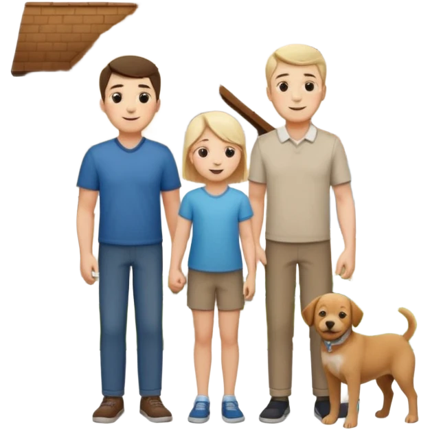 1 Father 1 Mother and 1 young boy who is half as tall as the parents, standing in front of their house with a dog next to them emoji