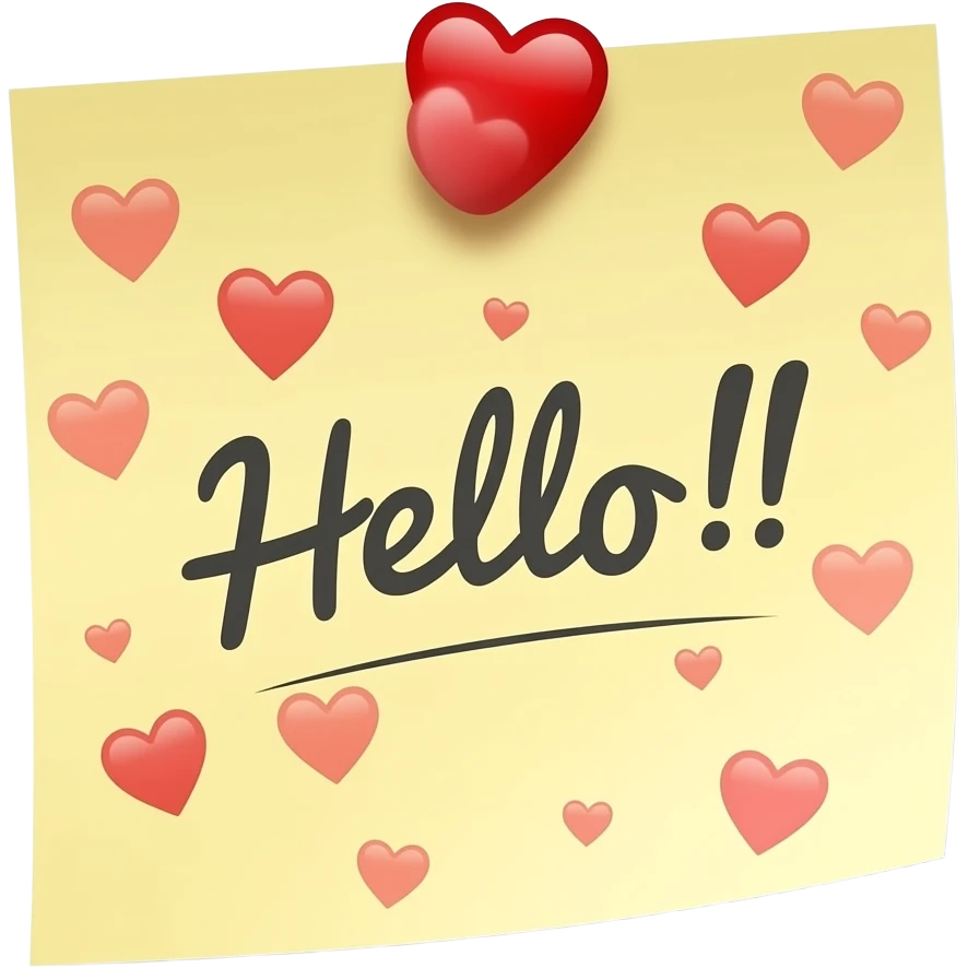 high quality, simple, full details, sticky note that says "Hello!!" with many, red tiny hearts in transparent emoji