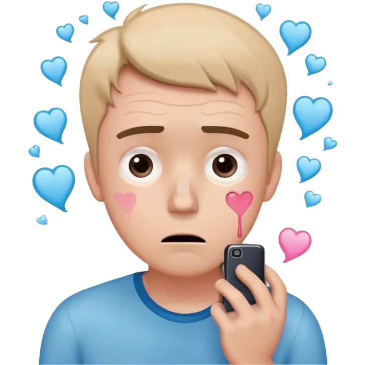 anxious man with wide worried eyes and slightly frowning mouth overthinking with sweat drops, a cracked heart symbol nearby, holding a phone in hand, body posture tense and reaching forward showing fear of abandonment, minimal soft rounded design with gentle blue and pink colors emoji