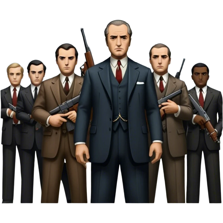 Vintage noir poster with Don Corleone surrounded by gangsters holding Thompson submachine guns. Dark and moody atmosphere with shadows, suits, and a mysterious vibe. Background features New York skyscrapers, adding to the gritty, classic gangster film feel. Transparent background. emoji