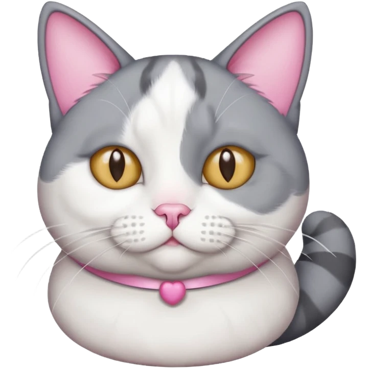 Gray and white tuxedo cat that is fat with white on top of tail and white on nose emoji