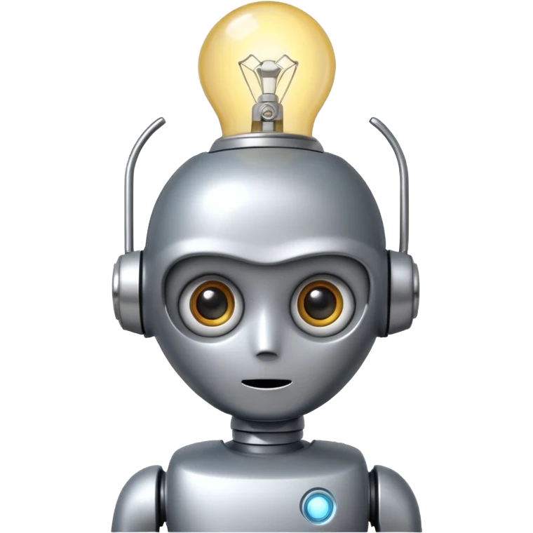 thinking robot, cute cartoon, big eyes, lightbulb above head emoji