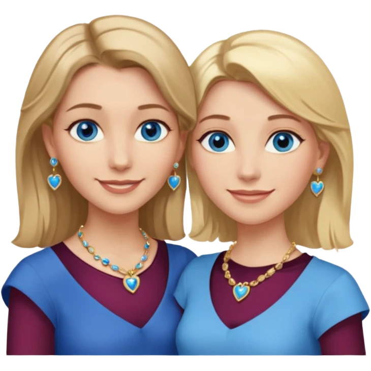 Two women, one with dark blonde medium-length hair, blue eyes, jewels, and earrings. The other is slightly shorter, also with blonde shoulder-length hair, blue eyes, a gold heart necklace, and earrings. Both women are smiling and embracing. emoji