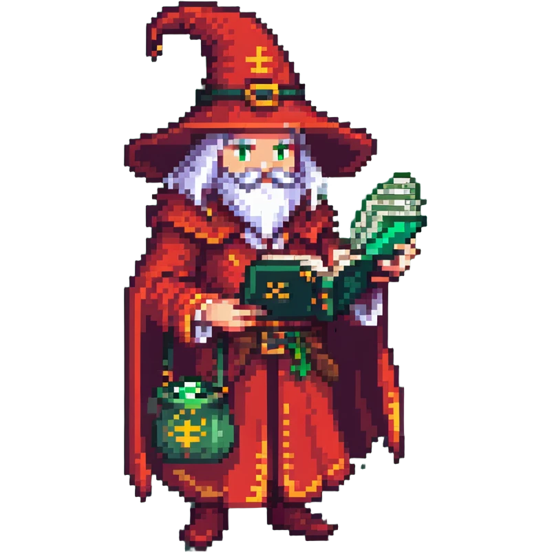 Red wizard CEO with spellbook and money pouch, fantasy RPG guild leader, pixel art style emoji