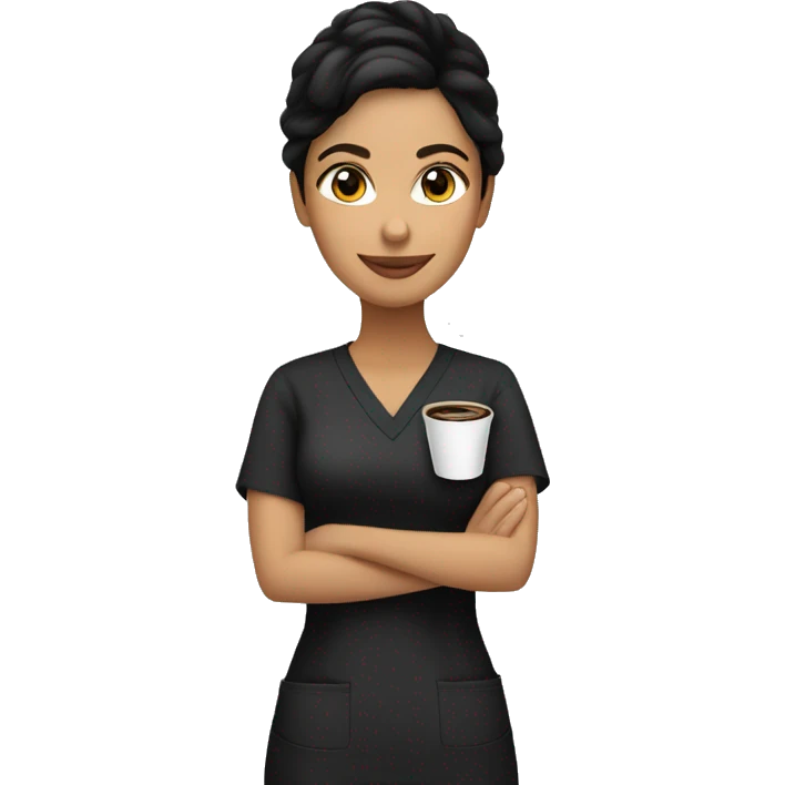 Hispanic woman in black scrubs holding a coffee emoji
