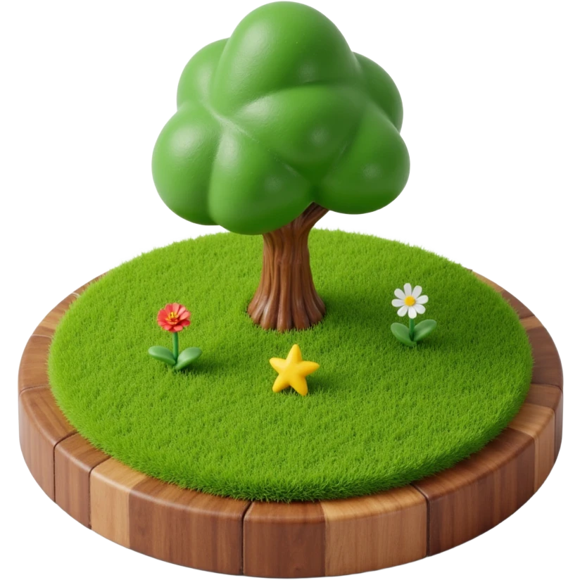 circular emblem with a tree and grass, skeuomorphic, shiny highlights, realistic textures, 3D effect, classic app icon style emoji