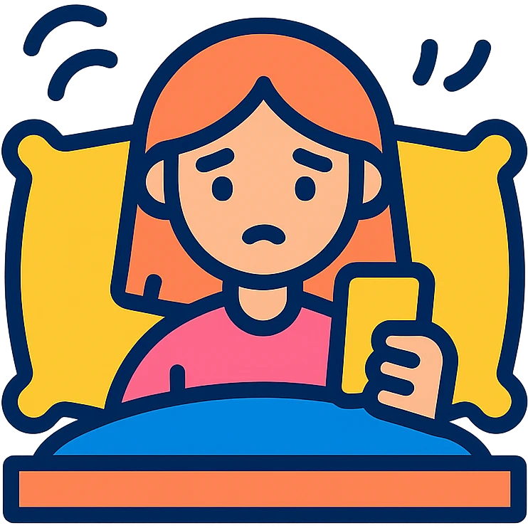 Girl lying in bed, wanting to sleep but not wanting to, staying up late playing with her phone emoji